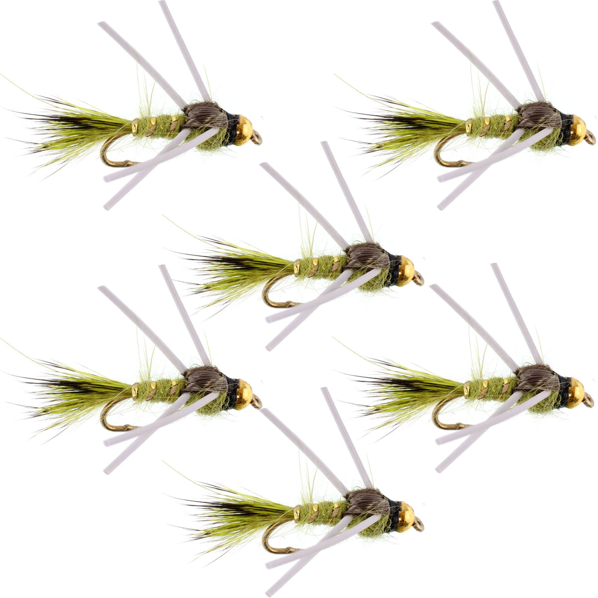 Set of six olive gold-ribbed Hare's Ear trout wet flies with tungsten bead heads and rubber legs, hook size 16, for fly fishing.