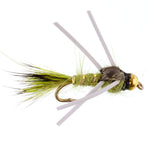 Three olive gold-ribbed Hare's Ear trout wet flies with rubber legs on hooks size 16 for fly fishing.