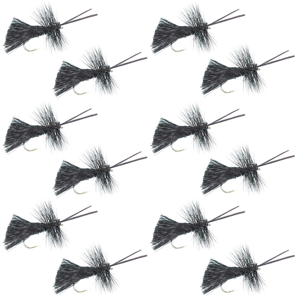 Set of 12 Goddard Caddis Black Dry Flies for trout fishing, size 16 hooks, from The Fly Fishing Place.