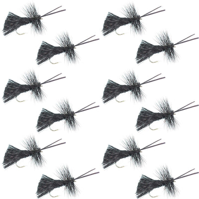 Set of 12 Goddard Caddis Black Dry Flies for trout fishing, size 16 hooks, from The Fly Fishing Place.