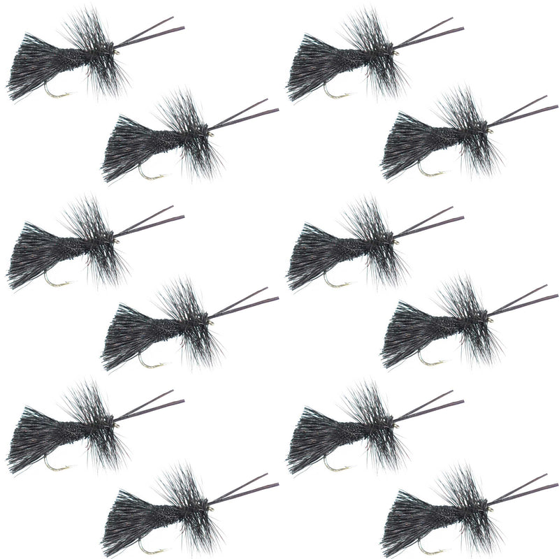 Black Goddard Caddis dry fly for trout fishing, hook size 14, set of 12 flies, designed for fly fishing enthusiasts