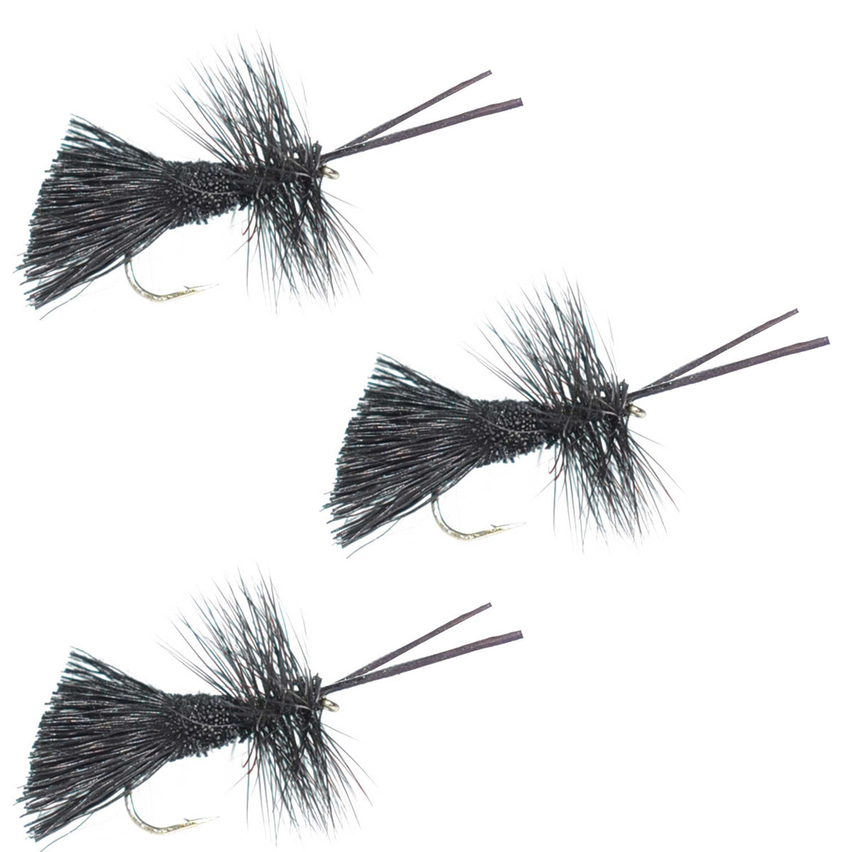 Three Goddard Caddis Black Dry Flies set, size 14 hooks, for trout fishing, designed by The Fly Fishing Place.
