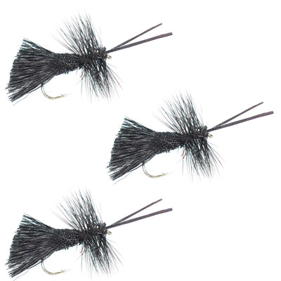 Three black Goddard Caddis dry flies for trout fishing, hook size 12, featuring detailed fly patterns on a fishing tackle setting.