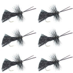 Six Goddard Caddis Black Dry Flies for trout fishing, size 12 hooks, crafted for effective dry fly fishing in freshwater.