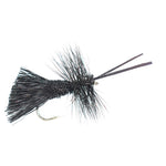 Black Goddard Caddis dry fly with hook size 14, designed for trout fishing, featuring realistic details on a fishing fly.