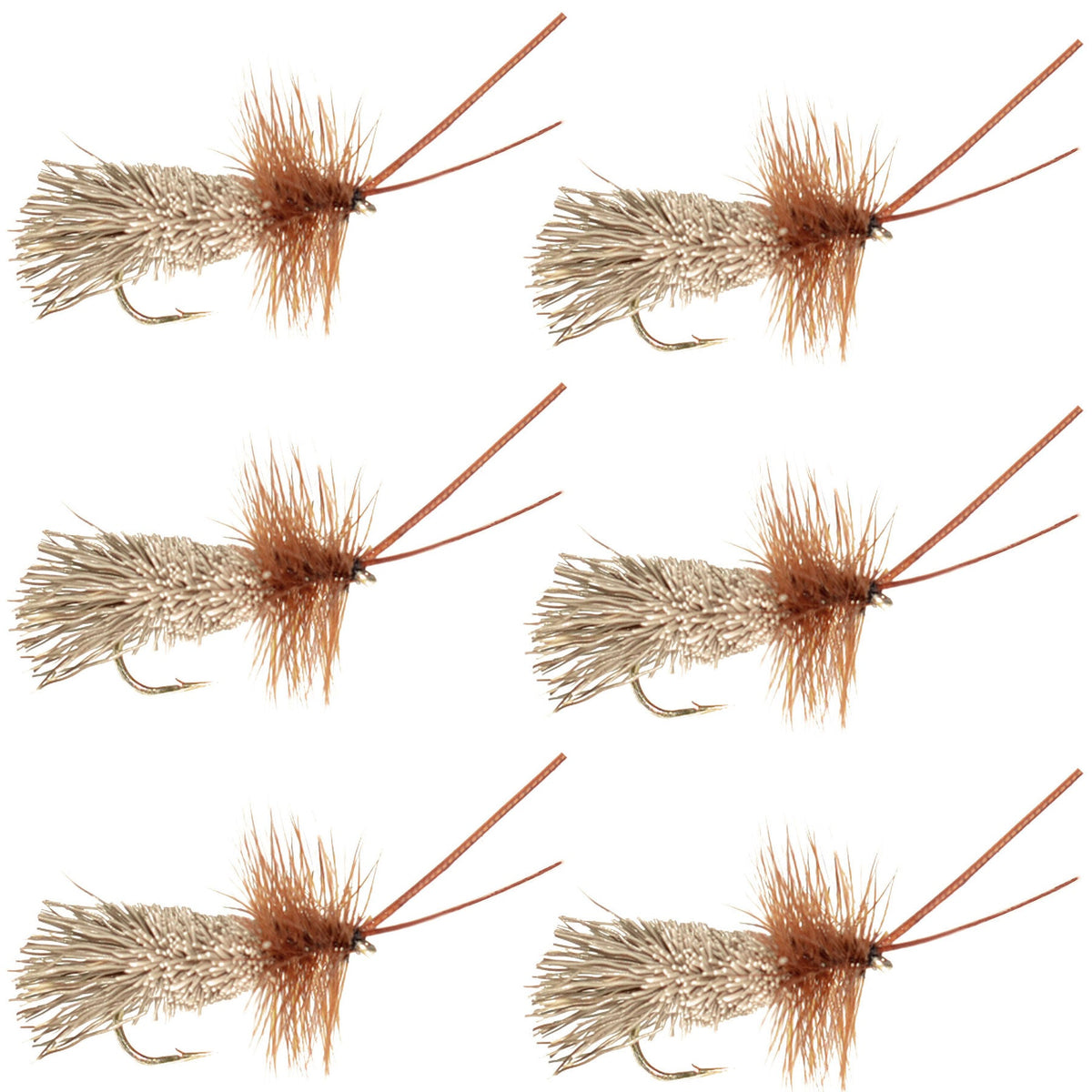 Set of six Goddard Caddis dry flies for trout fishing, size 16, featuring natural-colored dry fly hooks by The Fly Fishing Place.