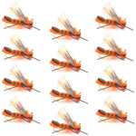 Set of 12 orange Godzilla hopper foam flies for trout fishing, with size 10 hooks, designed for dry fly fishing.