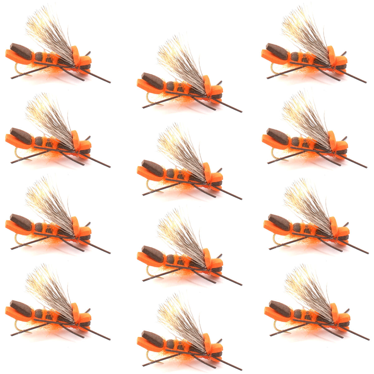 Set of 12 orange Godzilla hopper foam flies for trout fishing, with size 10 hooks, designed for dry fly fishing.