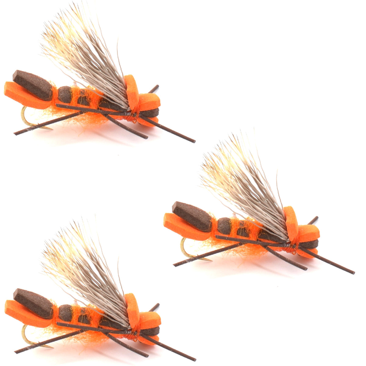 Three orange Godzilla hopper foam flies for trout fishing, size 10, by The Fly Fishing Place, with realistic grasshopper and salmonfly details.