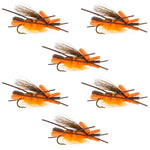 Set of six orange Godzilla hopper foam dry flies for trout fishing, size 10 hooks, designed to mimic grasshoppers and salmonflies.