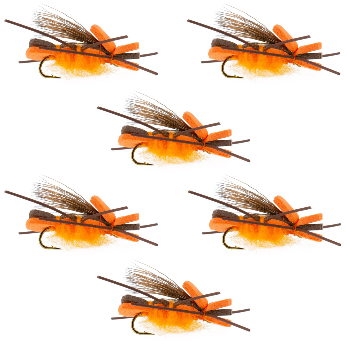Set of six orange Godzilla hopper foam dry flies for trout fishing, size 10 hooks, designed to mimic grasshoppers and salmonflies.