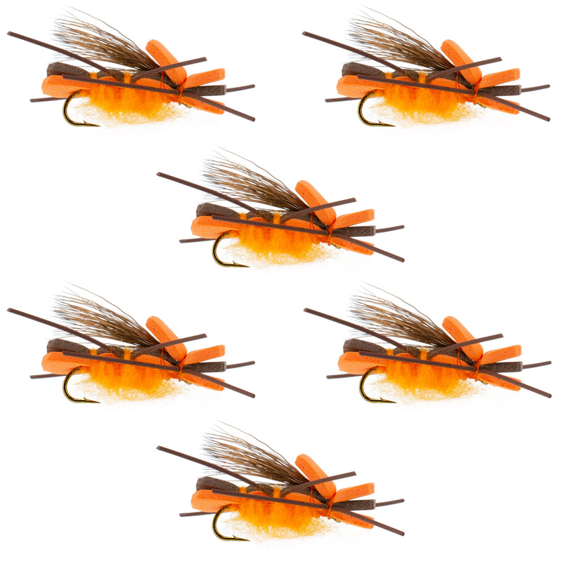 Set of six orange Godzilla hopper foam dry flies for trout fishing, size 10 hooks, designed to mimic grasshoppers and salmonflies.