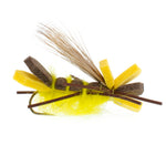 Yellow Godzilla Hopper Trout Dry Fly with hook size 10, high visibility grasshopper or stonefly imitation for fly fishing.