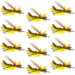 Set of 12 yellow Godzilla hopper foam flies for trout fishing, featuring size 10 hooks, designed for dry fly fishing.