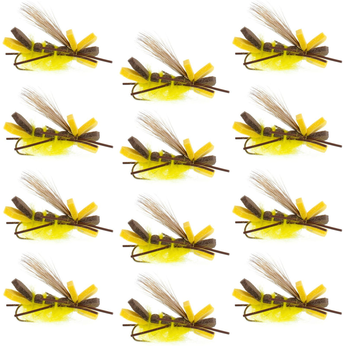 Set of 12 yellow Godzilla hopper foam flies for trout fishing, featuring size 10 hooks, designed for dry fly fishing.
