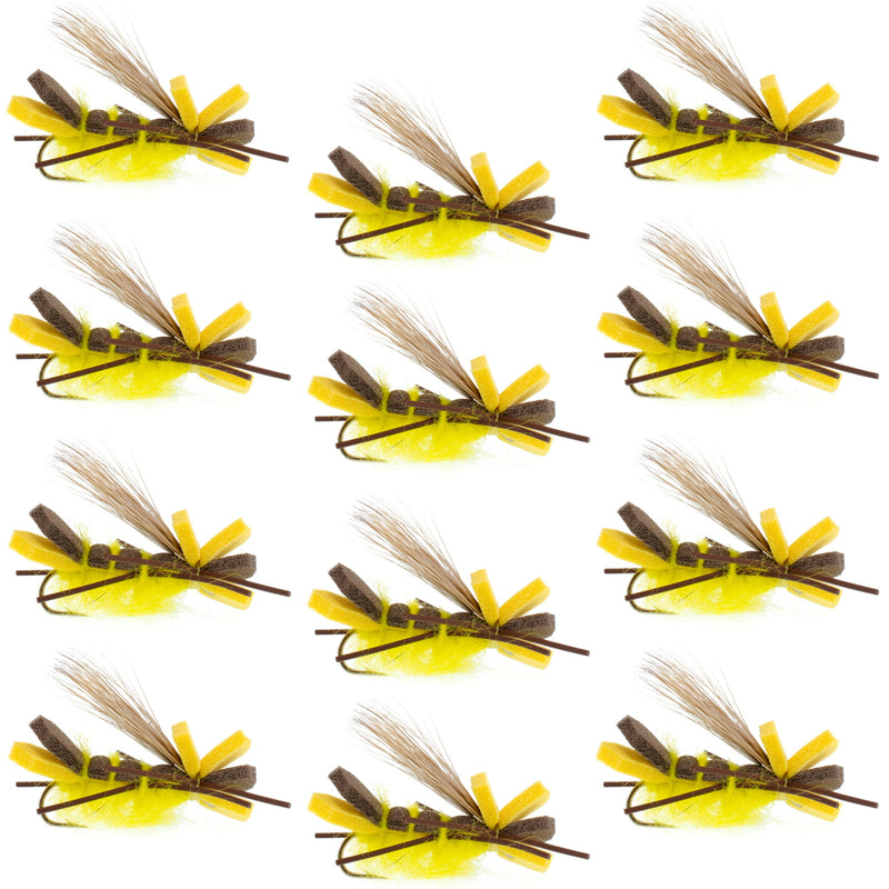 Set of 12 yellow Godzilla hopper foam flies for trout fishing, featuring size 10 hooks, designed for dry fly fishing.