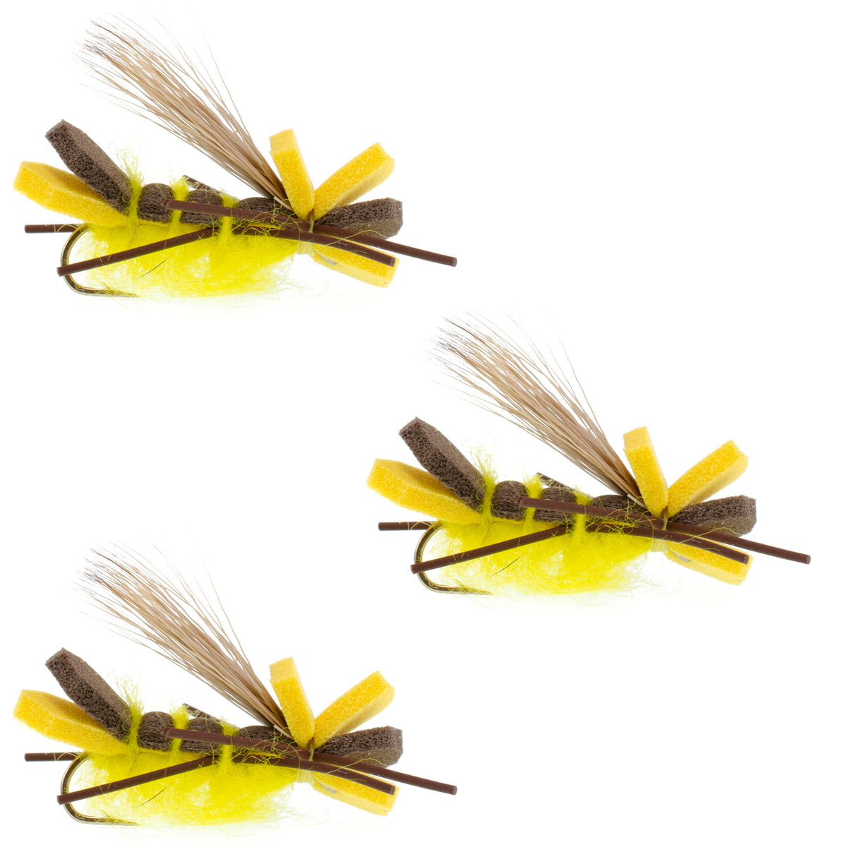 Set of three yellow Godzilla hopper trout dry flies by The Fly Fishing Place, with foam grasshopper and adult salmonfly patterns, hook size 10.