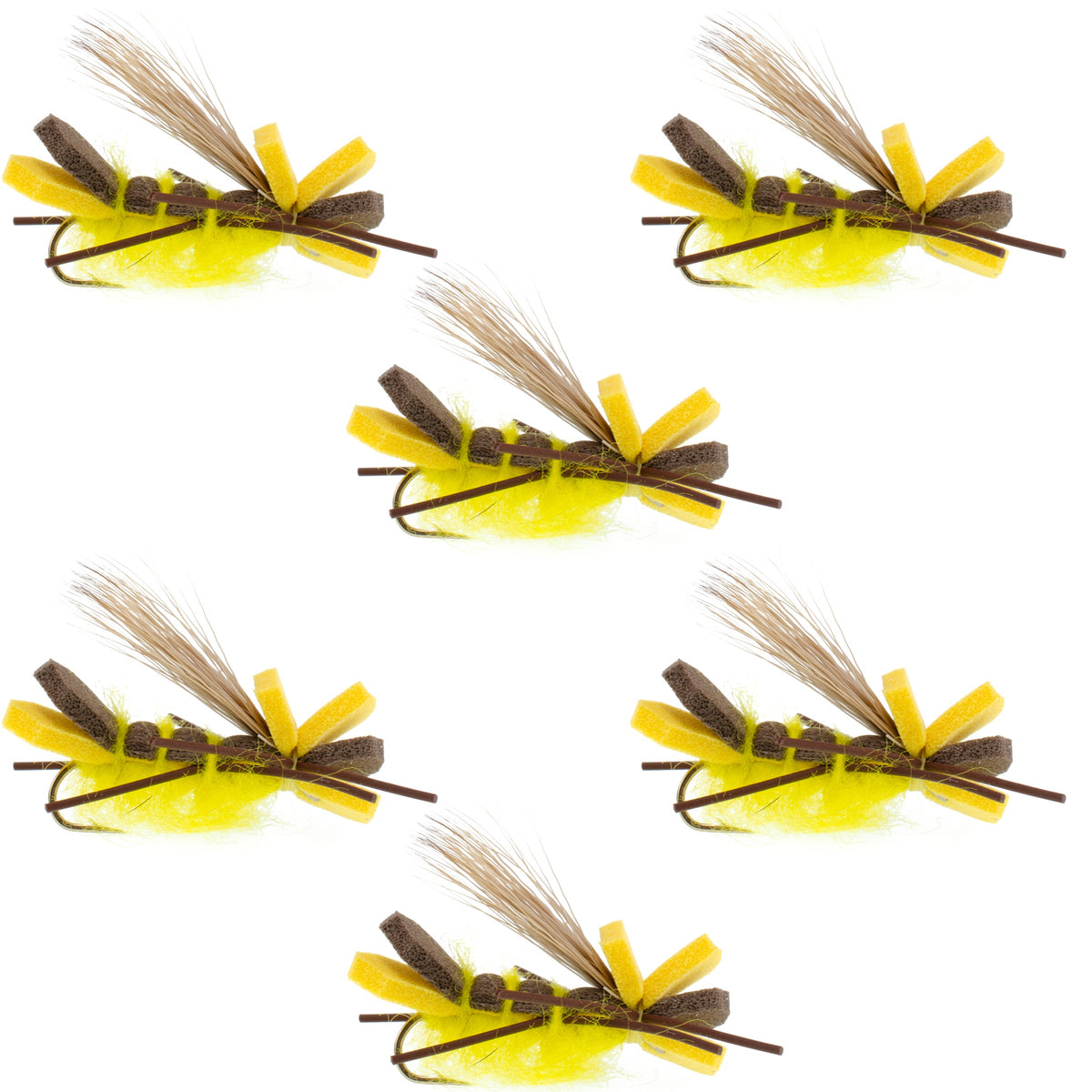 Set of 6 Godzilla Yellow Hopper trout dry flies with high visibility grasshopper and stonefly patterns, size 10 hooks.