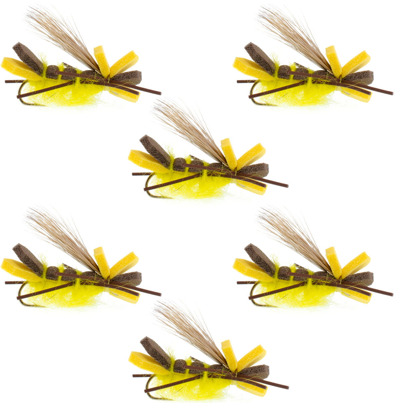 Set of 6 Godzilla Yellow Hopper trout dry flies with high visibility grasshopper and stonefly patterns, size 10 hooks.