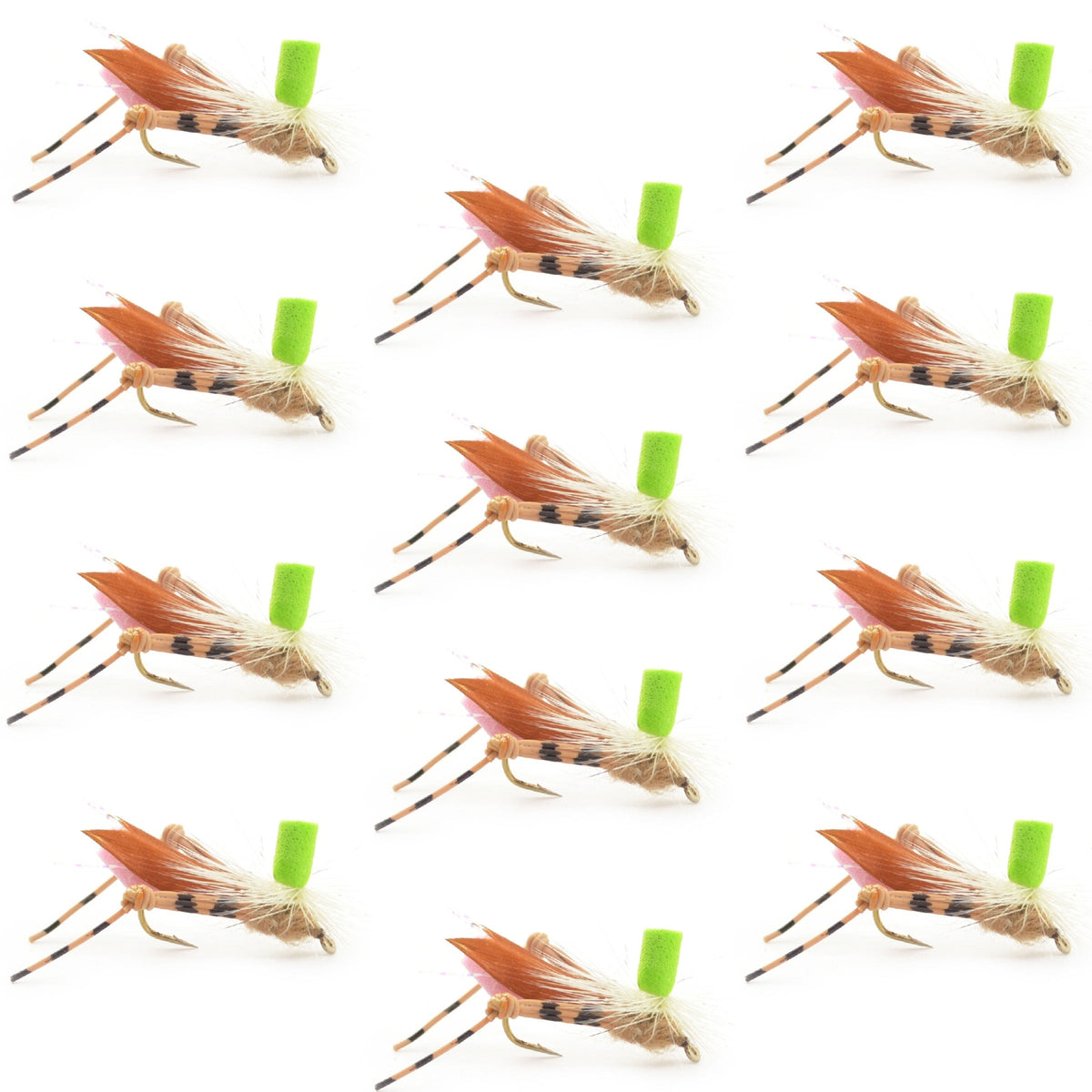 Set of 12 green top hopper foam body grasshopper dry flies for trout fishing, size 10 hooks by The Fly Fishing Place.