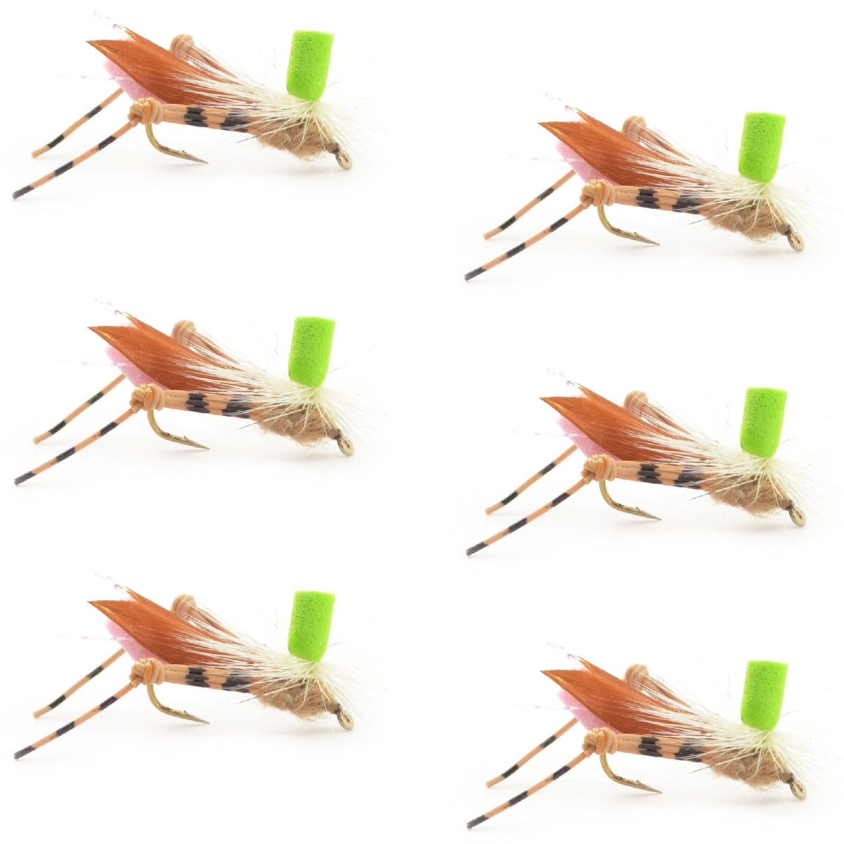 Set of six green top hopper foam body grasshopper dry flies for trout fishing, size 10 hooks by The Fly Fishing Place.