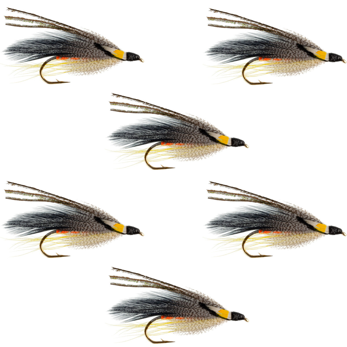 Set of six Gray Ghost Classic trout wet streamer flies in size 4 hooks, ideal for fly fishing and freshwater fishing.