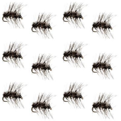 Set of 12 Griffiths Gnat midge trout dry flies, size 18, barbless fishing flies for trout fishing from The Fly Fishing Place.