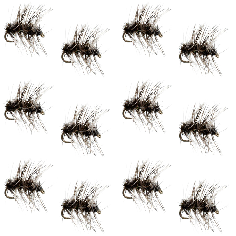 Set of 12 barbless Griffiths Gnat dry flies for trout fishing, size 18, with detailed insect wing and body features.