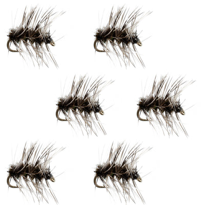 Set of 6 Griffiths Gnat trout dry flies by The Fly Fishing Place, size 18, with realistic insect details for fly fishing.