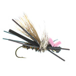 Assorted foam hopper flies from The Fly Fishing Place Basics Collection, size 10, including pink Gypsy King terrestrial fly for fishing.