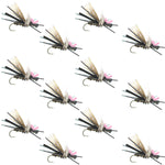 Set of 12 Gypsy King Pink Foam Hopper dry flies for trout fishing, hook size 10, from The Fly Fishing Place.
