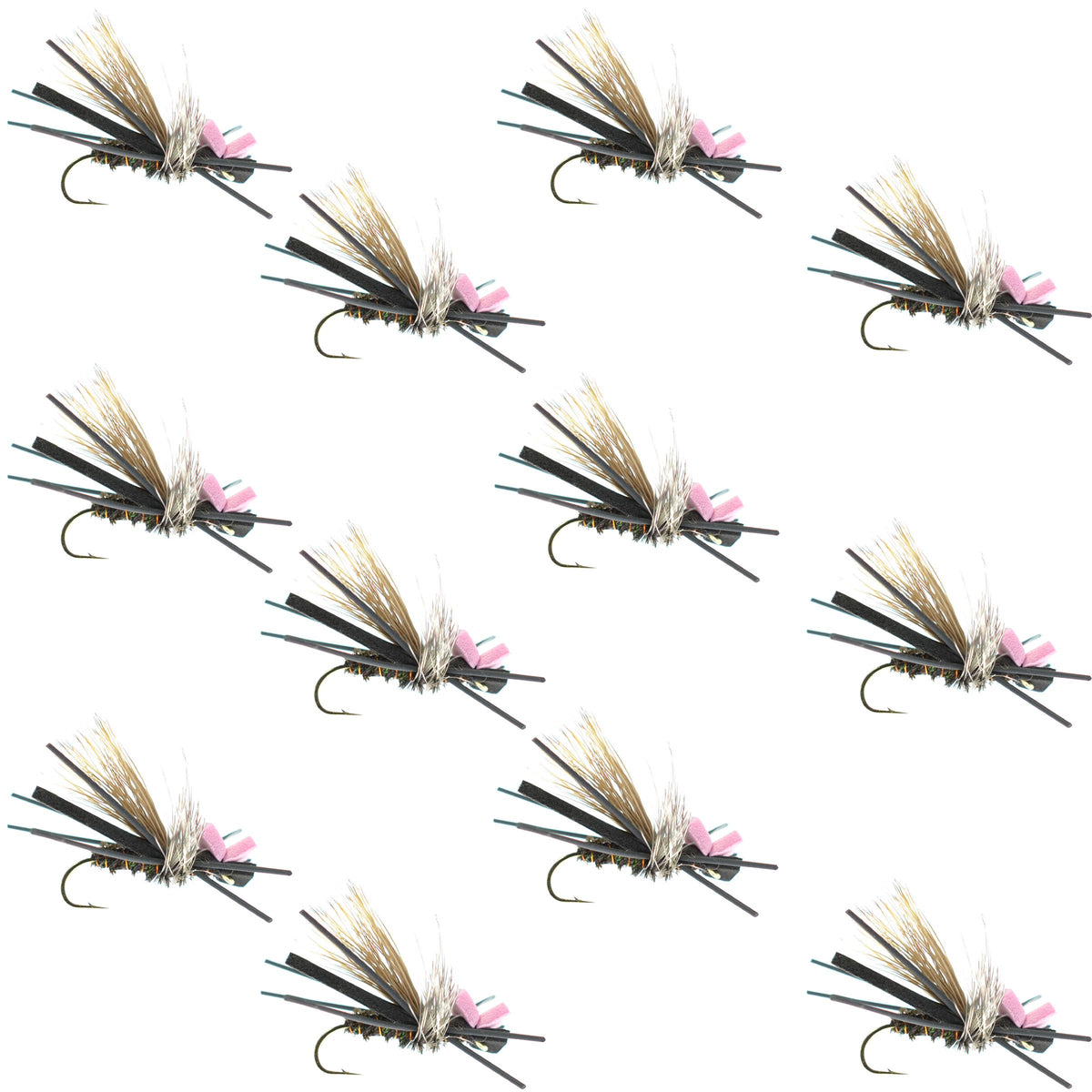 Set of 12 Gypsy King Pink Foam Hopper dry flies for trout fishing, hook size 10, from The Fly Fishing Place.