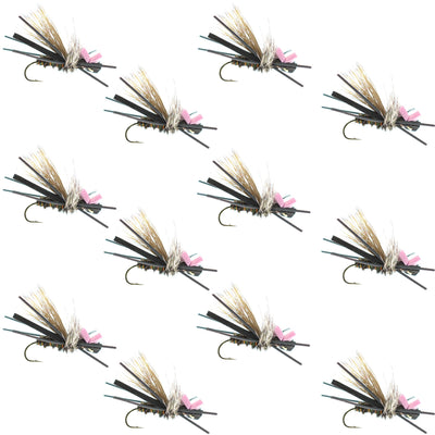 Set of 12 Gypsy King Pink Foam Hopper dry flies for trout fishing, hook size 10, from The Fly Fishing Place.