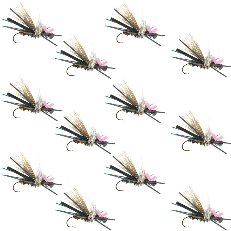 Set of 12 Gypsy King Pink Foam Hopper dry flies for trout fishing, hook size 10, from The Fly Fishing Place.