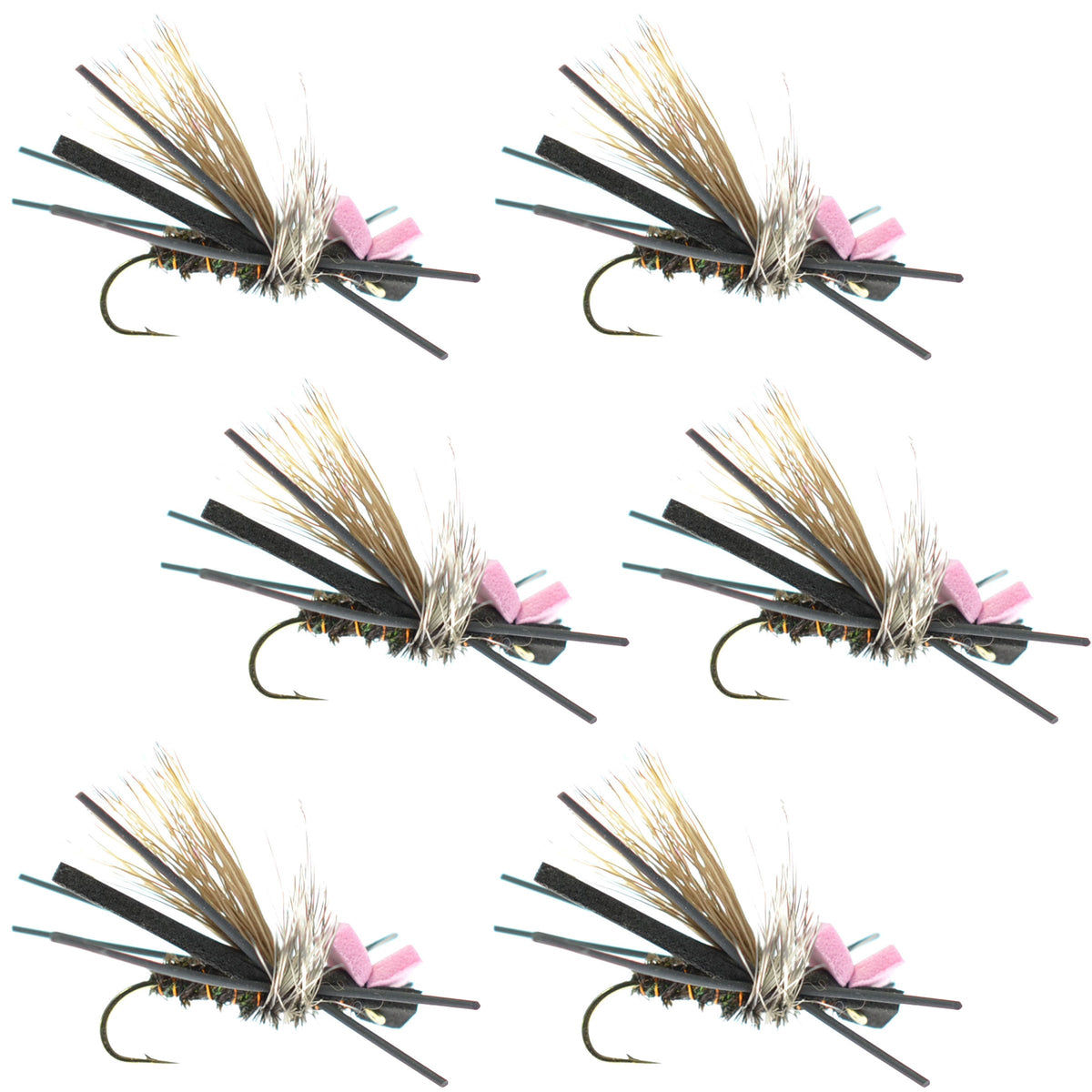 Set of six Gypsy King Hopper foam dry flies in pink, size 10 hooks, designed for trout fishing by The Fly Fishing Place.