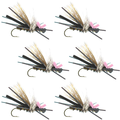 Set of six Gypsy King Hopper foam dry flies in pink, size 10 hooks, designed for trout fishing by The Fly Fishing Place.