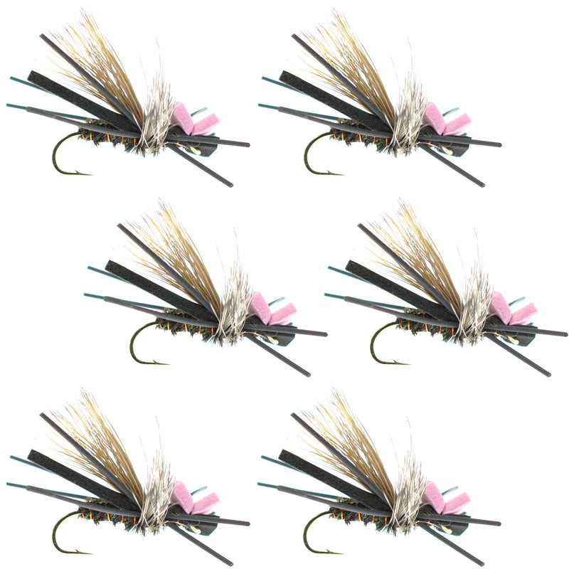 Set of six Gypsy King Hopper foam dry flies in pink, size 10 hooks, designed for trout fishing by The Fly Fishing Place.