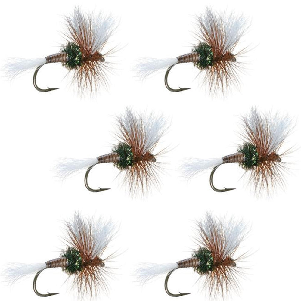 Six H & L Variant Classic trout dry flies on size 10 hooks, designed for fly fishing, from The Fly Fishing Place.