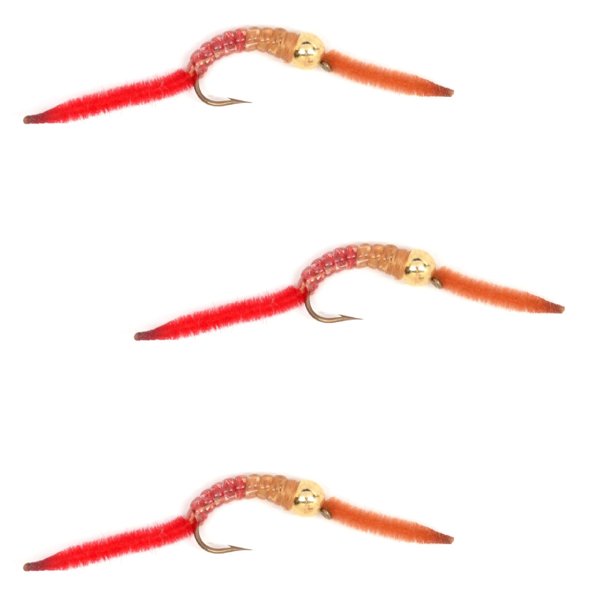 Set of three San Juan bead head power worms in half brown and half red with V-rib, size 12 hooks, for trout fly fishing.