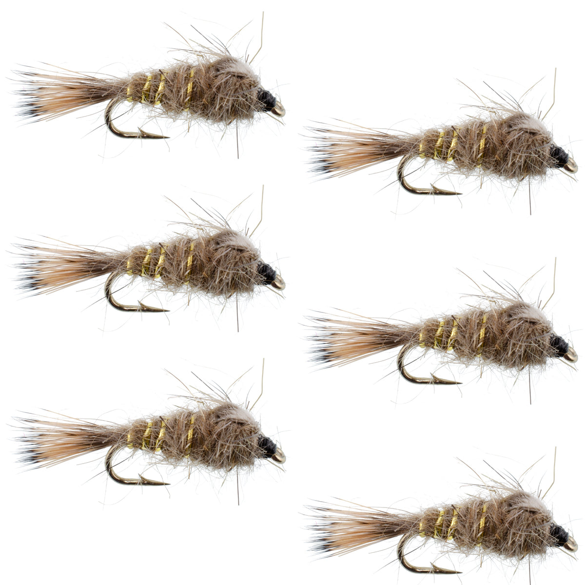 Set of 6 Classic weighted gold ribbed hare's ear nymph trout wet flies, size 16, for fly fishing by The Fly Fishing Place.