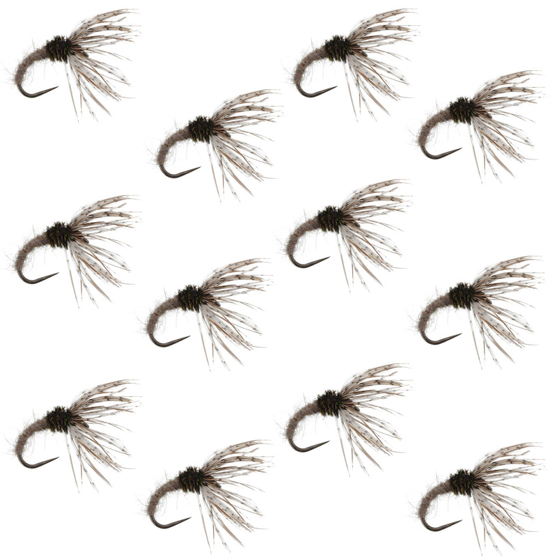Hares Ear Sakasa Kebari tenkara fly set with 12 size 14 nymph flies for fly fishing, featuring natural hare's ear materials.