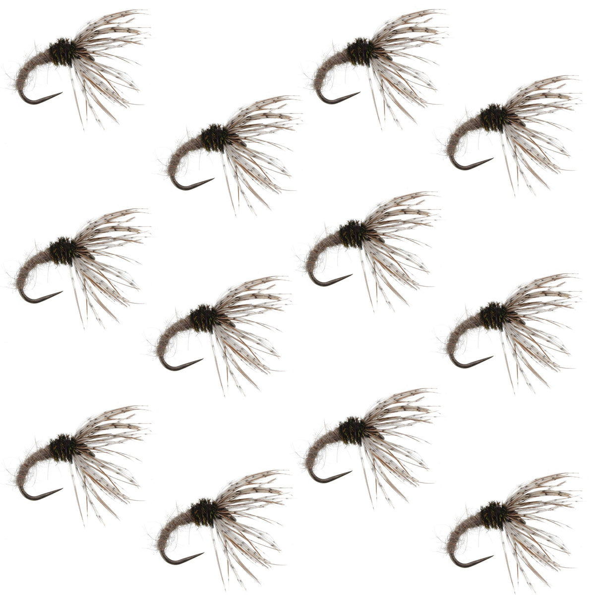 Hares Ear Sakasa Kebari Tenkara fly set with 12 size 10 nymph flies for freshwater fishing, featuring detailed fly patterns.