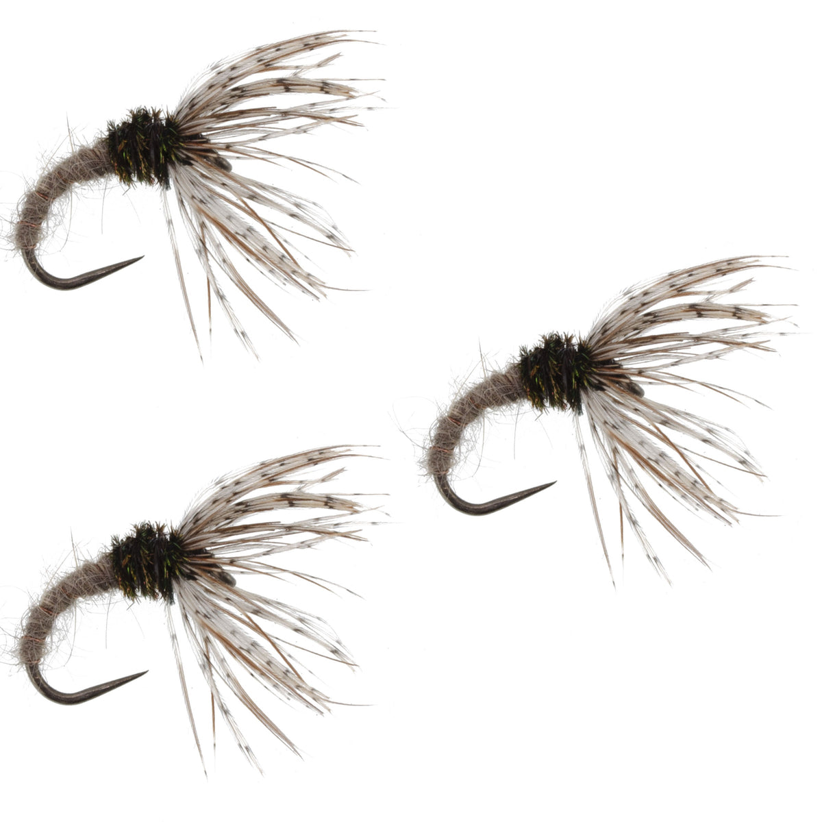 Three Hares Ear Sakasa Kebari Tenkara flies, size 14, fishing nymphs with natural fur and feather details for fly fishing.