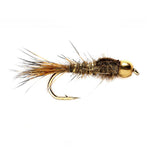 Three size 14 tungsten bead head gold ribbed hare's ear nymph trout wet flies for fly fishing, featuring detailed hook and fly design.