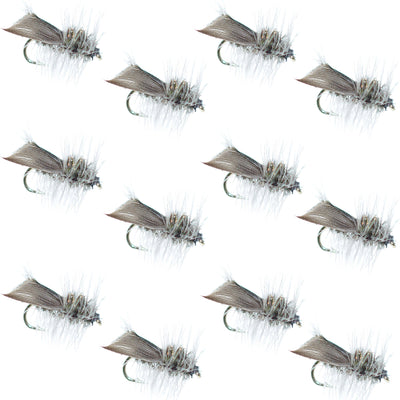 Set of 12 Hemingway Caddis Dry Flies for trout fishing, size 12, featuring realistic dry fly designs by The Fly Fishing Place.