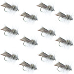 Set of 12 Hemingway Caddis Dry Flies for trout fishing, size 14, with realistic fly patterns and detailed hooks.