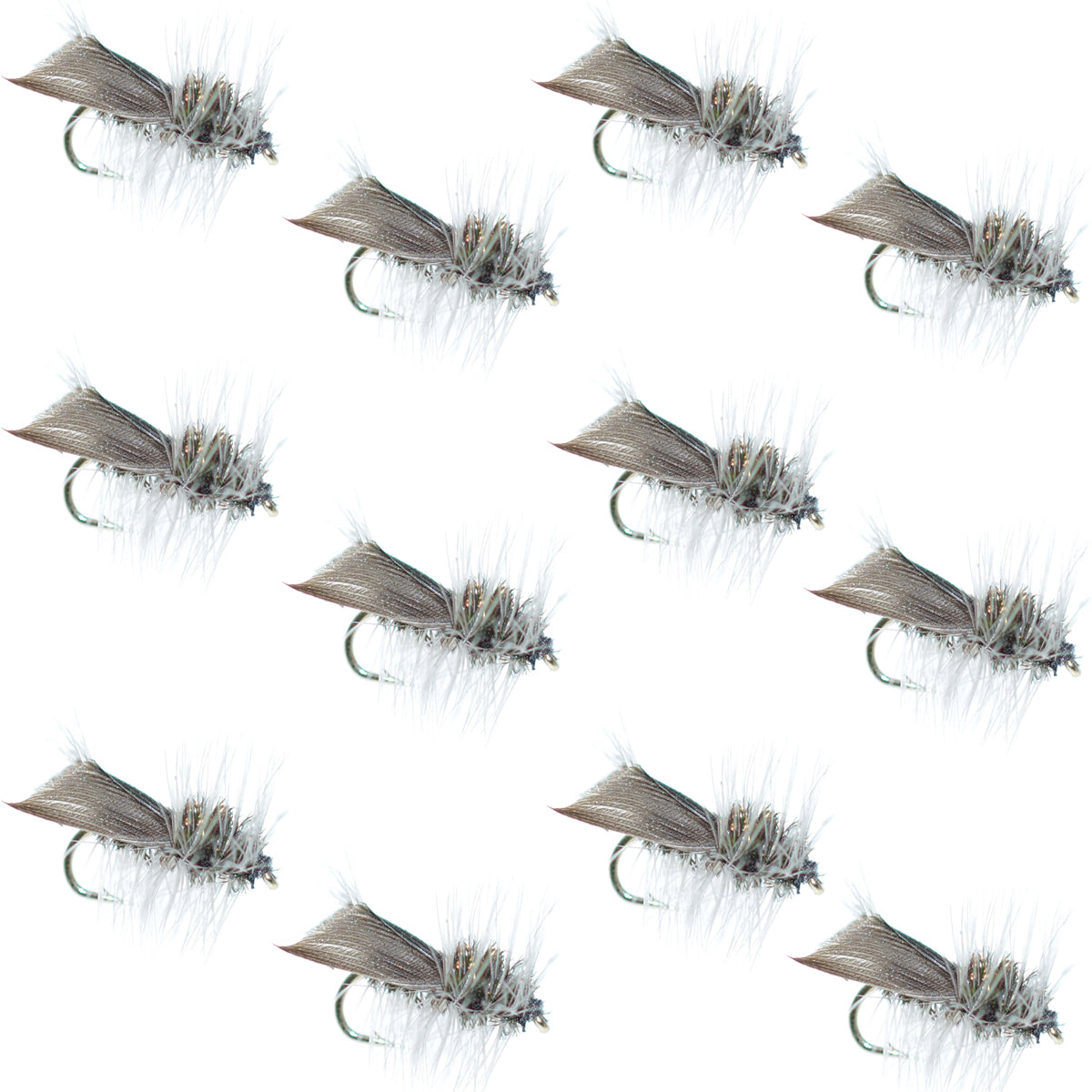 Set of 12 Hemingway Caddis Dry Flies for trout fishing, size 14, with realistic fly patterns and detailed hooks.