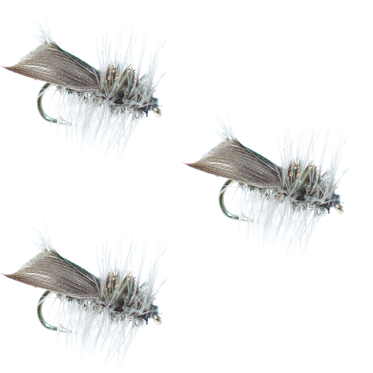 Three Hemingway Caddis Dry Flies for trout fishing, size 14, with realistic fly patterns and detailed hook designs.