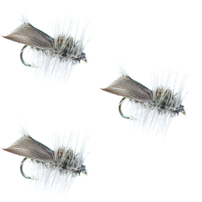 Three Hemingway Caddis dry flies for trout fishing, size 18, with detailed hooks and natural caddisfly appearance.