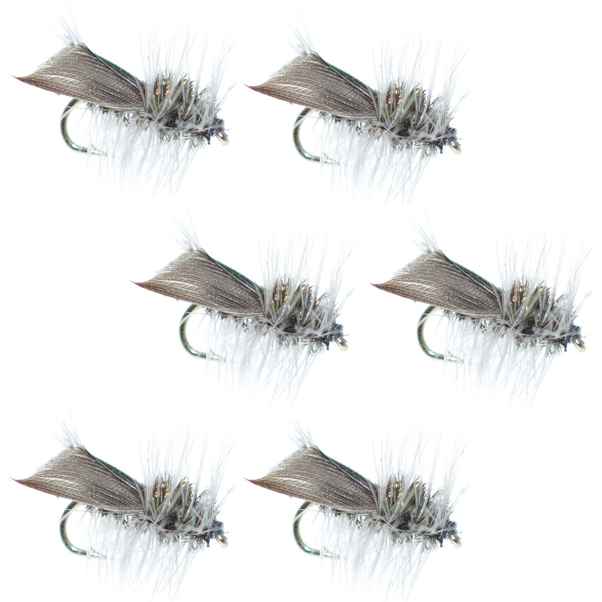 Set of six Hemingway Caddis Dry Flies for trout fishing, size 12 hooks, with realistic insect details and natural coloring.
